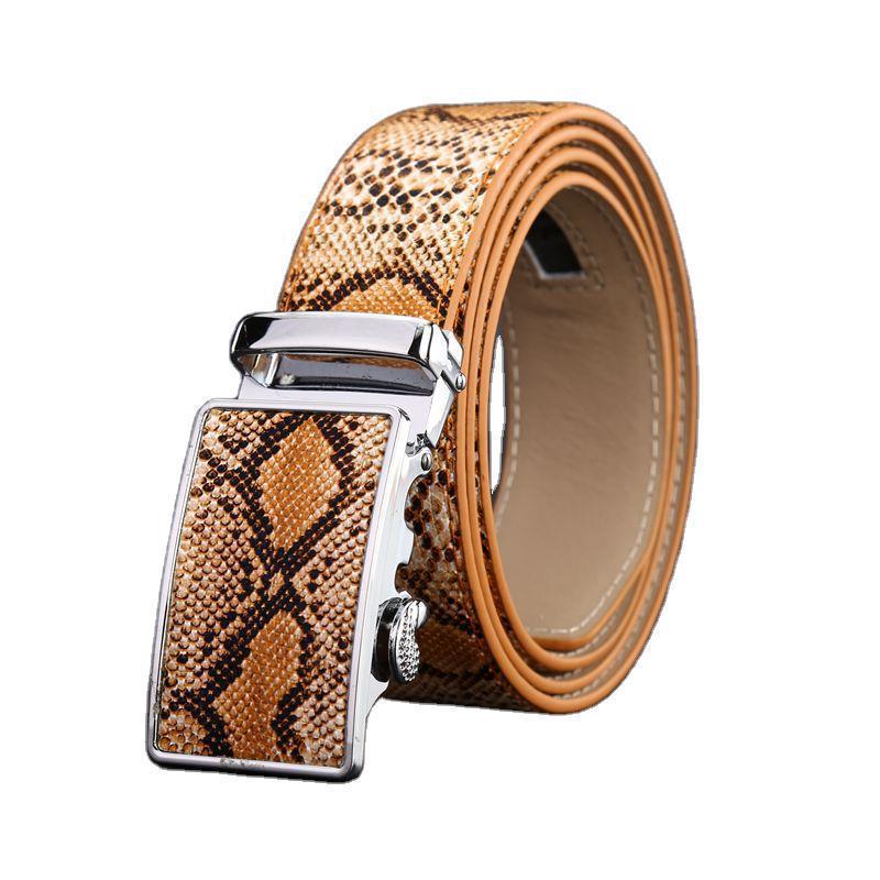 Men's Snake Print Leather Belt with Automatic Buckle - Cowhide, Korean Style for Business