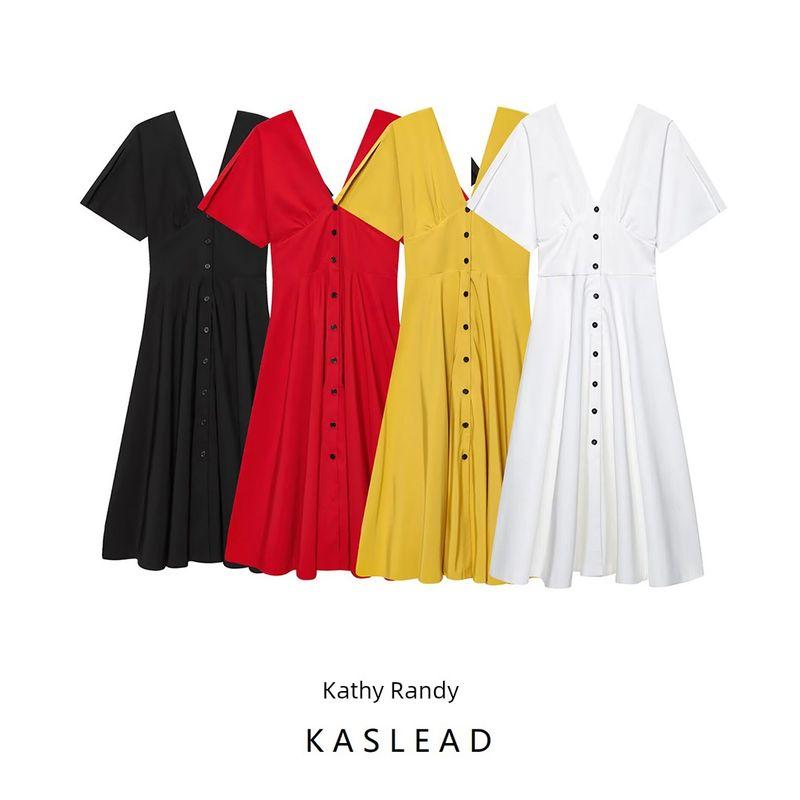 Kaslead New Women Clothes Western Style Button Decoration V-neck Midi Jumpsuit Long Dress 3242512 250