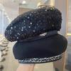 Womens Black Felt Beret With Sparkling Sequins For Fall And Winter Wear