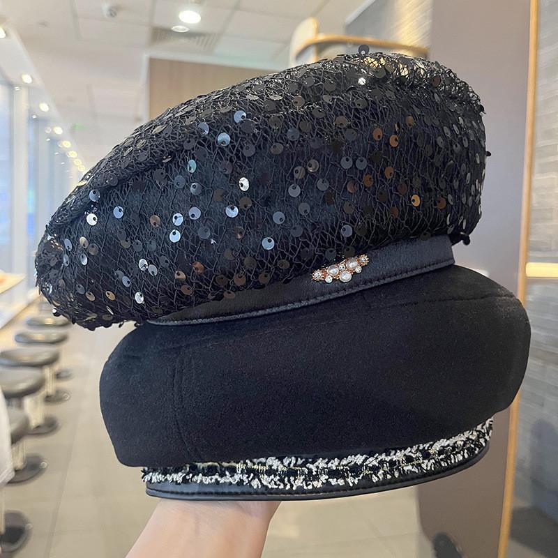 Womens Black Felt Beret With Sparkling Sequins For Fall And Winter Wear