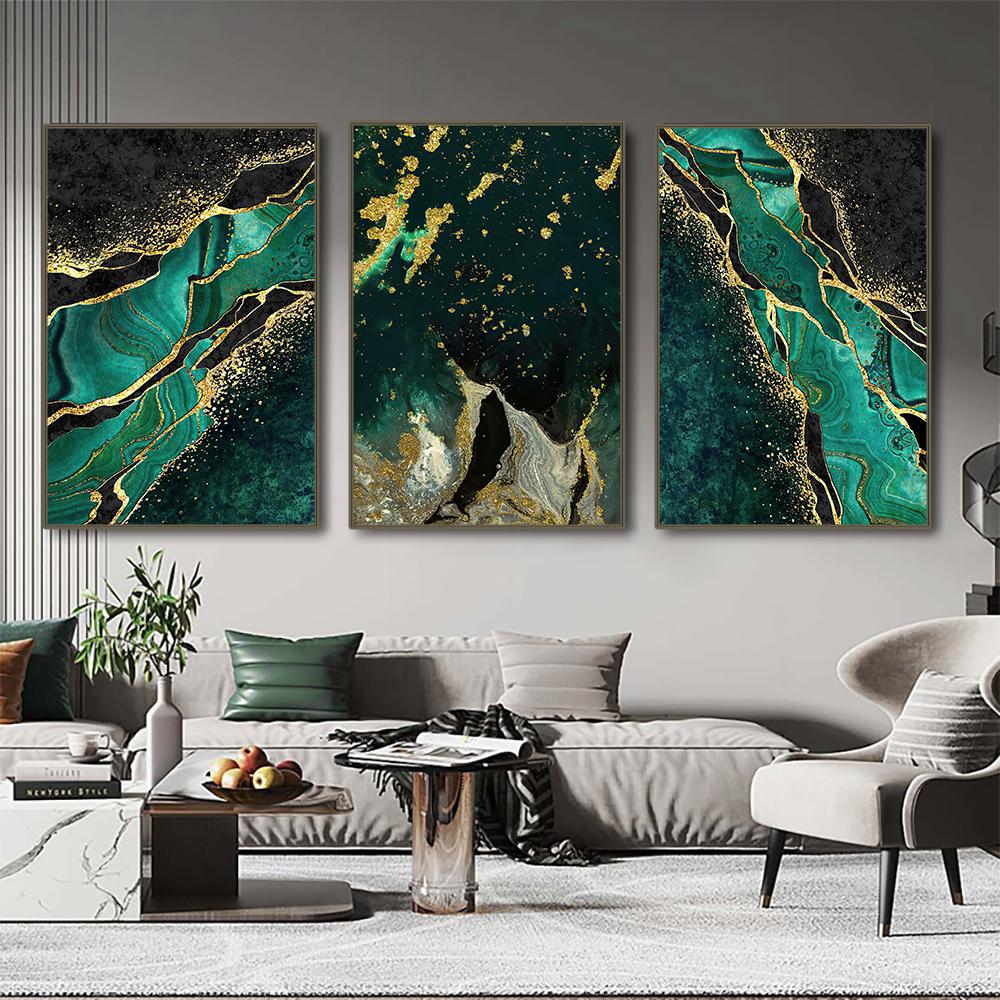 Nordic Abstrct Green Marble Texture Wall Art Canvas Painting Modern Golden Foil Poster Print Picutre for Living Room Decoration