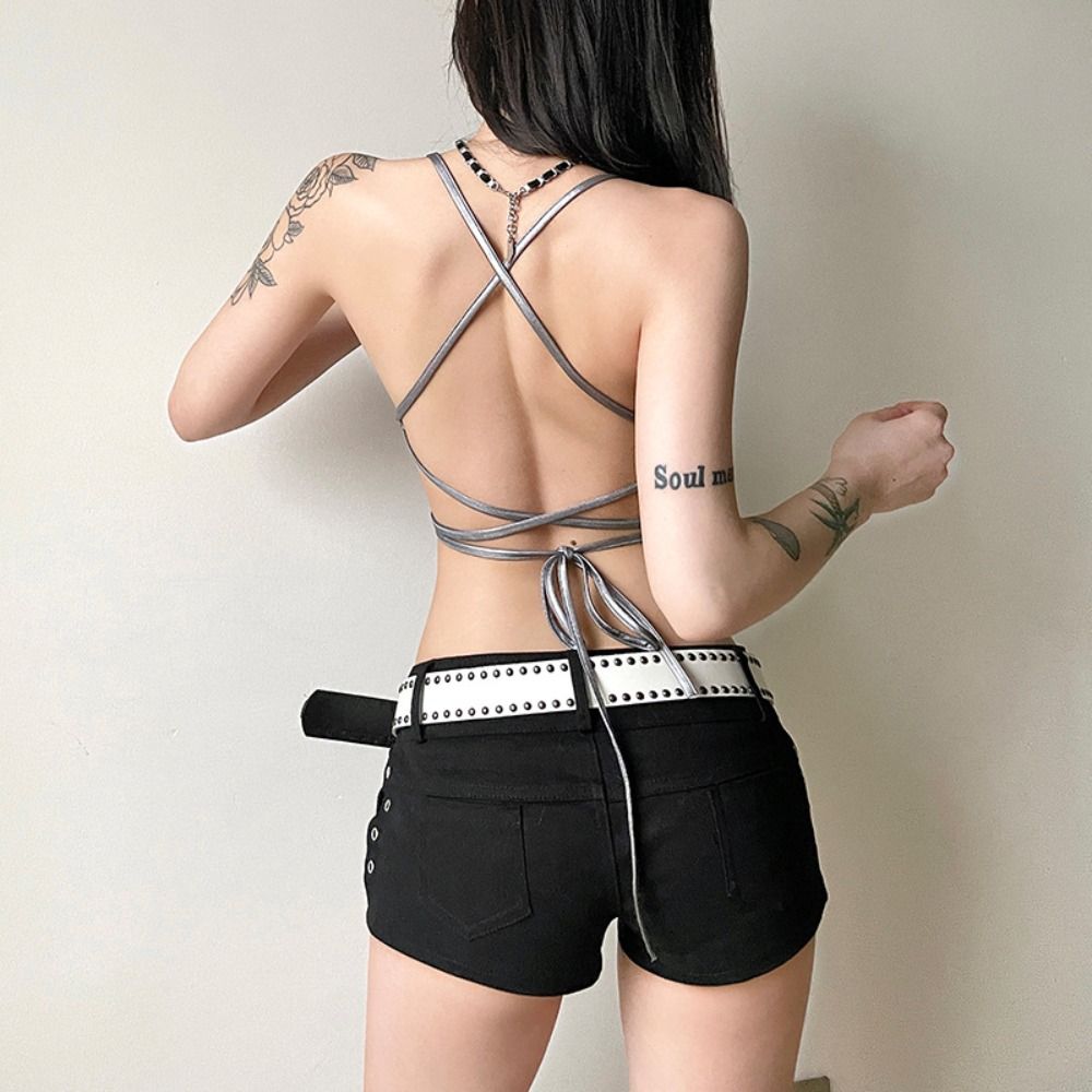 Glossy Punk Butterfly Vest Sleeveless Neck Halter Top Personality Y2K Slim Crop Tops  Female Girl
