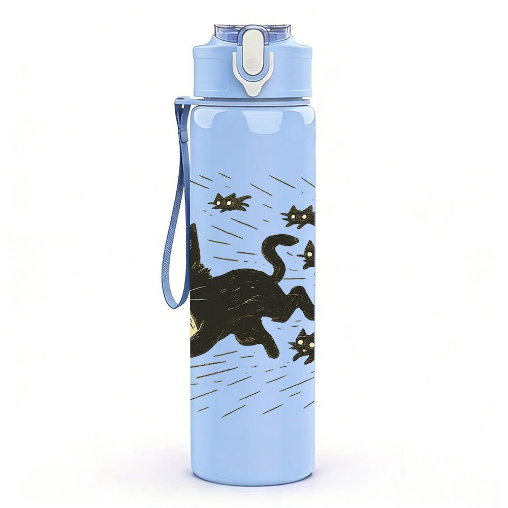 1PC Black Cat Flying Butterfly Layout 750ml Color Plastic Sports Water Bottle Leakproof Flip Straw Lid For Sports Office Home Use