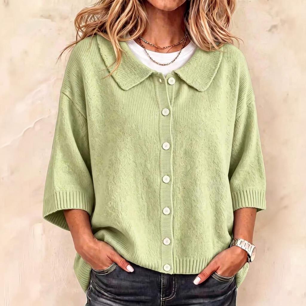 Women's Color Knit Cardigan, Mid Sleeve, Breathable Casual Sweater for Everyday Wear