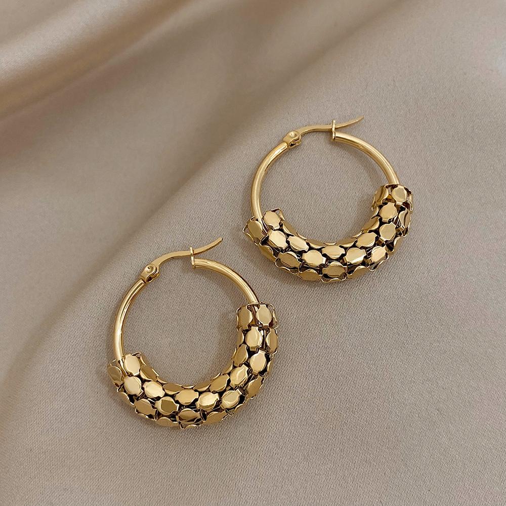 FLASHBUY Stainless Steel Gold Color Geometric Metal Mesh Earrings for Women Girls New Trend Hoop Ear Jewelry Gift