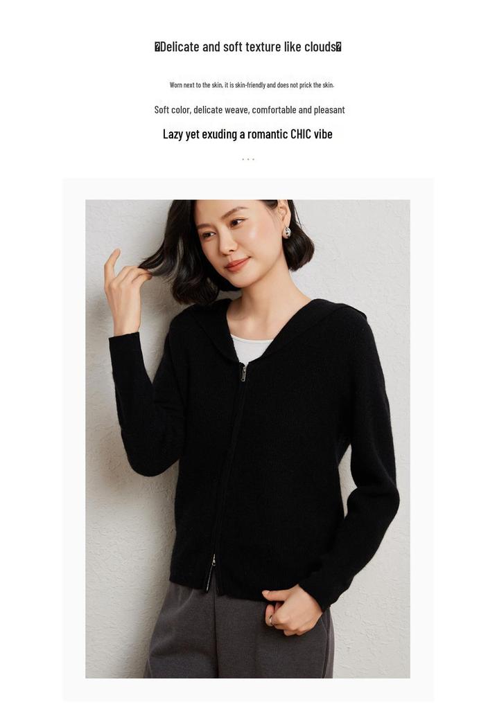 Women's Slim-Fit Wool Hooded Cardigan: Zippered, Long-Sleeve, Tight Cashmere Knitwear for Autumn & Winter