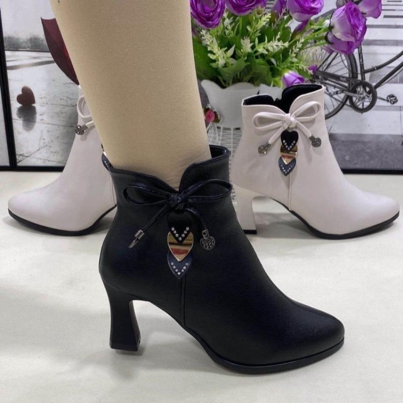 New Velvet Women's Soft-soled Short Boots Leather Shoes Autumn and Winter Versatile Temperament Zipper Pointed High-heeled Martin Boots Women