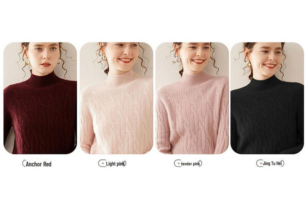 Women's Cashmere Cable Knit Sweater: Autumn/Winter Long Sleeve, Loose Fit, Half-High Neck, Thick and Warm Base Layer.