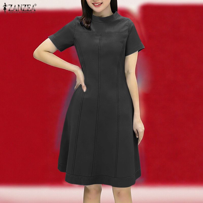 ZANZEA Women Casual Stand Collar Summer Short Sleeve Dress