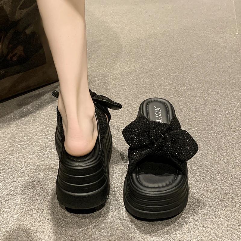 Fashion 8CM Women Bling Chunky Slippers Summer Ladies Beach Flip-Flops Wedges Heels Outside Bowknot Sandals Woman High Platform Shoes