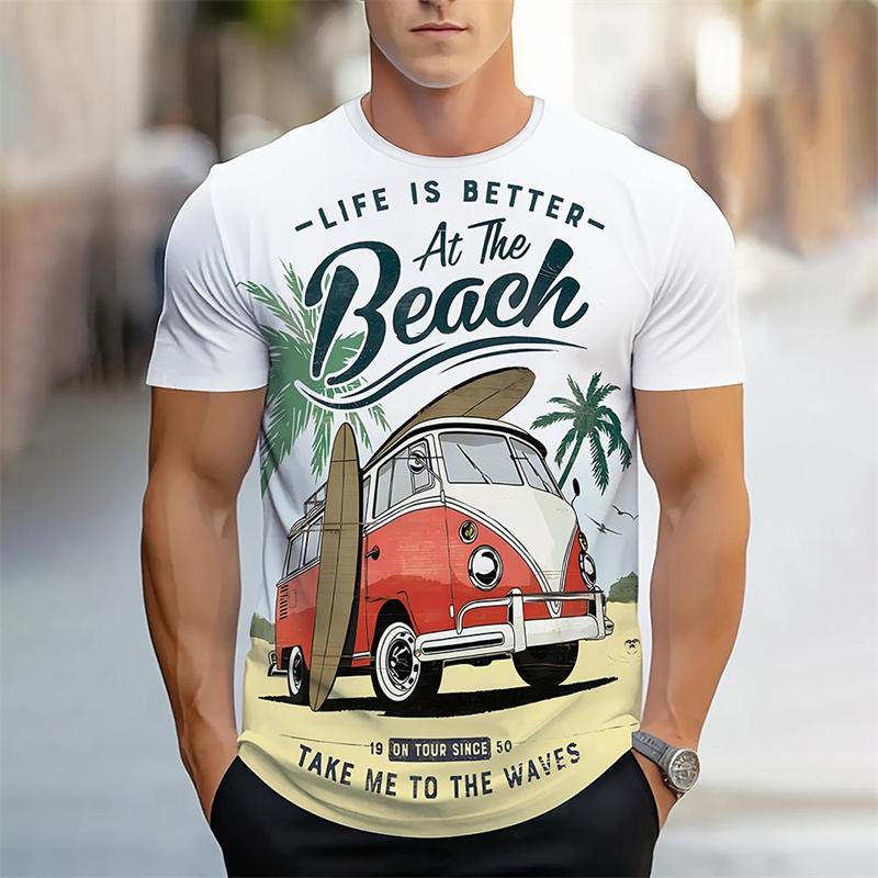Casual Bus Graphic Beach T Shirts Fashion Summer Short Sleeve Mens Crew Neck 3D Printed T-shirts Loose Vacation Holiday Tees