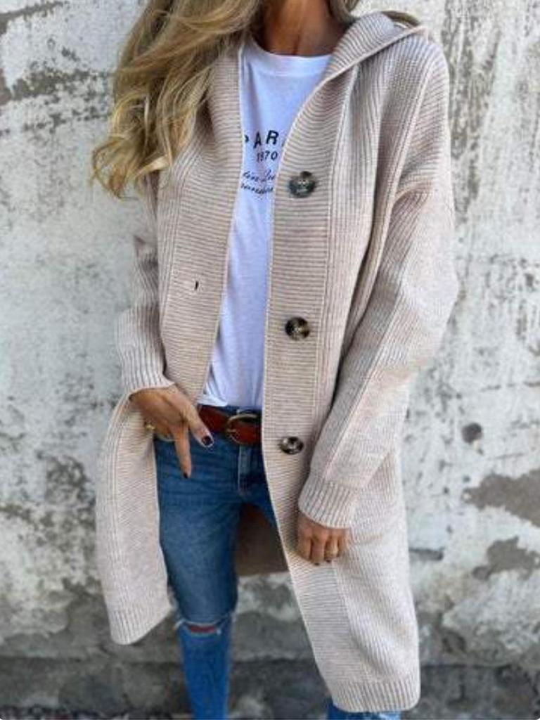 Women's Hooded Knitted Cardigan with Buttons and Pockets for Autumn/Winter
