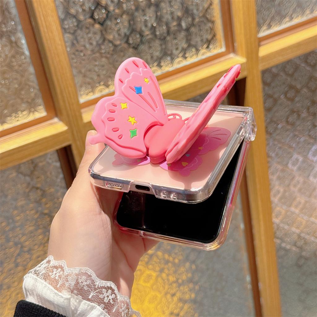 Korean Cute Transparent Pink 3D Butterfly Holder Phone Case for Samsung Galaxy Z Flip3 5G Z Flip5 Flip4 Back Protection Cover