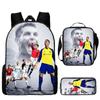 Conjunto de Mochila Escolar Infantil Estampada Cristiano Ronaldo Meninos Meninas 3 Peças Mochila de Tecido Oxford Com Lancheira Estojo