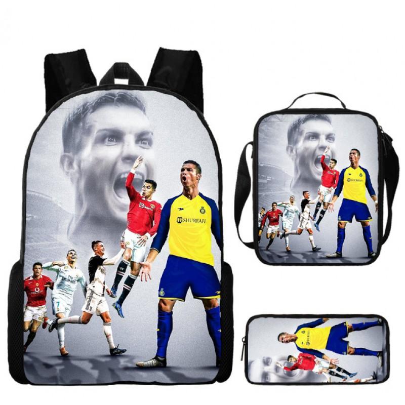 Conjunto de Mochila Escolar Infantil Estampada Cristiano Ronaldo Meninos Meninas 3 Peças Mochila de Tecido Oxford Com Lancheira Estojo