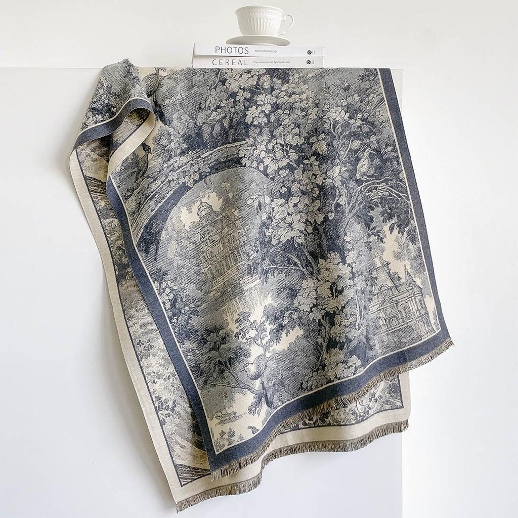 Winter Fashion Oversized Blanket Scarf Faux Cashmere Brown Vintage Antique Castle Garden Art Print Reversible Ladies Wrap Shawl