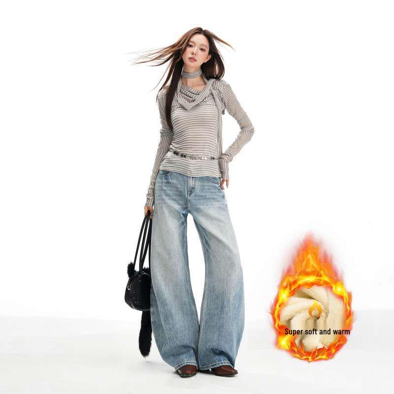 Women s Low-Rise Bootcut Washed Jeans - Loose, Wide-Leg Fit for Autumn & Winter Large