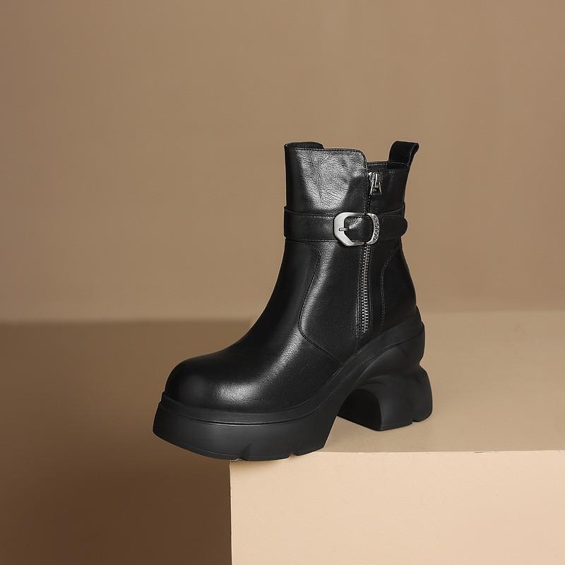 Womens Black Fashion Thick Sole Platform Short Boots Round Toe Chunky Heel Side Zip Motorcycle Fall Winter