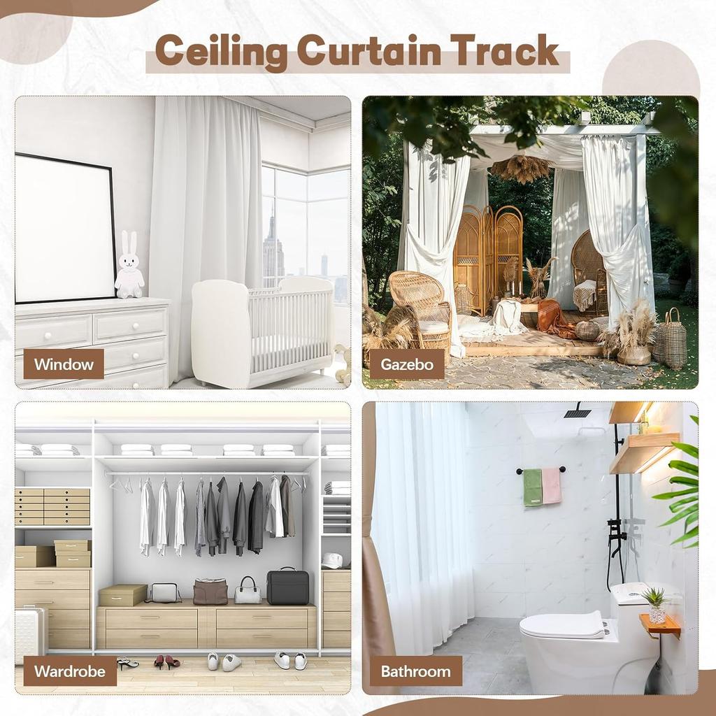 20 FT/240 IN Self Adhesive Ceiling Curtain Track Rail No Drill Rod Screws or Tools No Damage for Windows Cabinet Closet Bathroom Shower Curtain Room