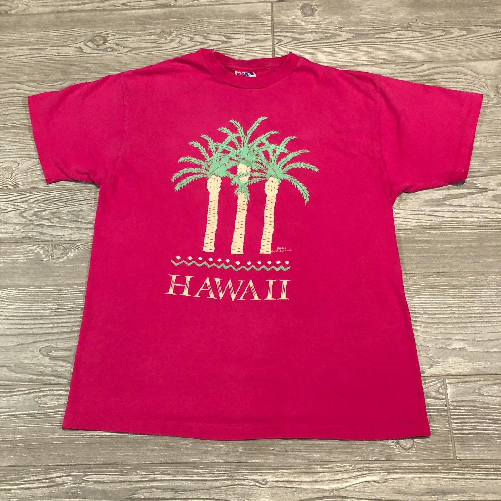 Hawaii Shirt Mens L Pink Vintage 90s Single Stitch Palm Trees USA Spell out 4652 XL