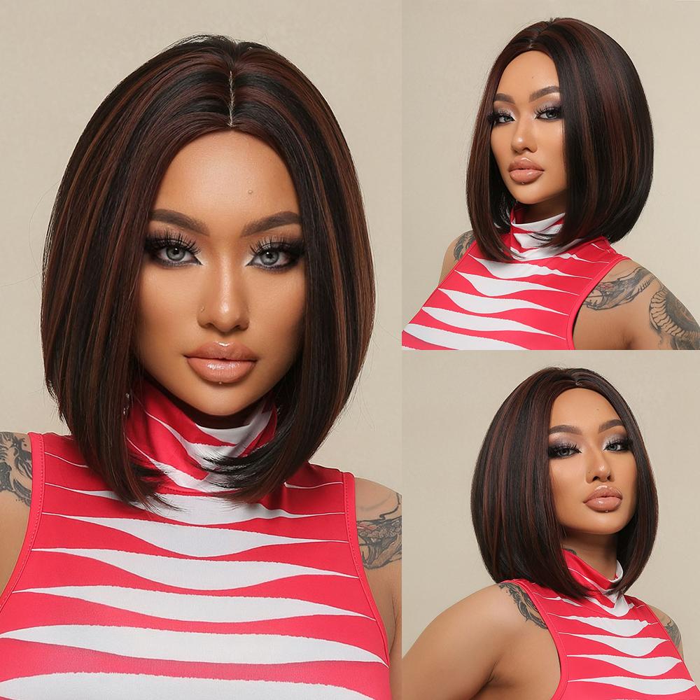 Peruci sintetice ALAN EATON blond platinat pentru femei Hihlight, scurtă, dreaptă, Bob, cu breton, păr de zi/de petrecere, rezistent la căldură