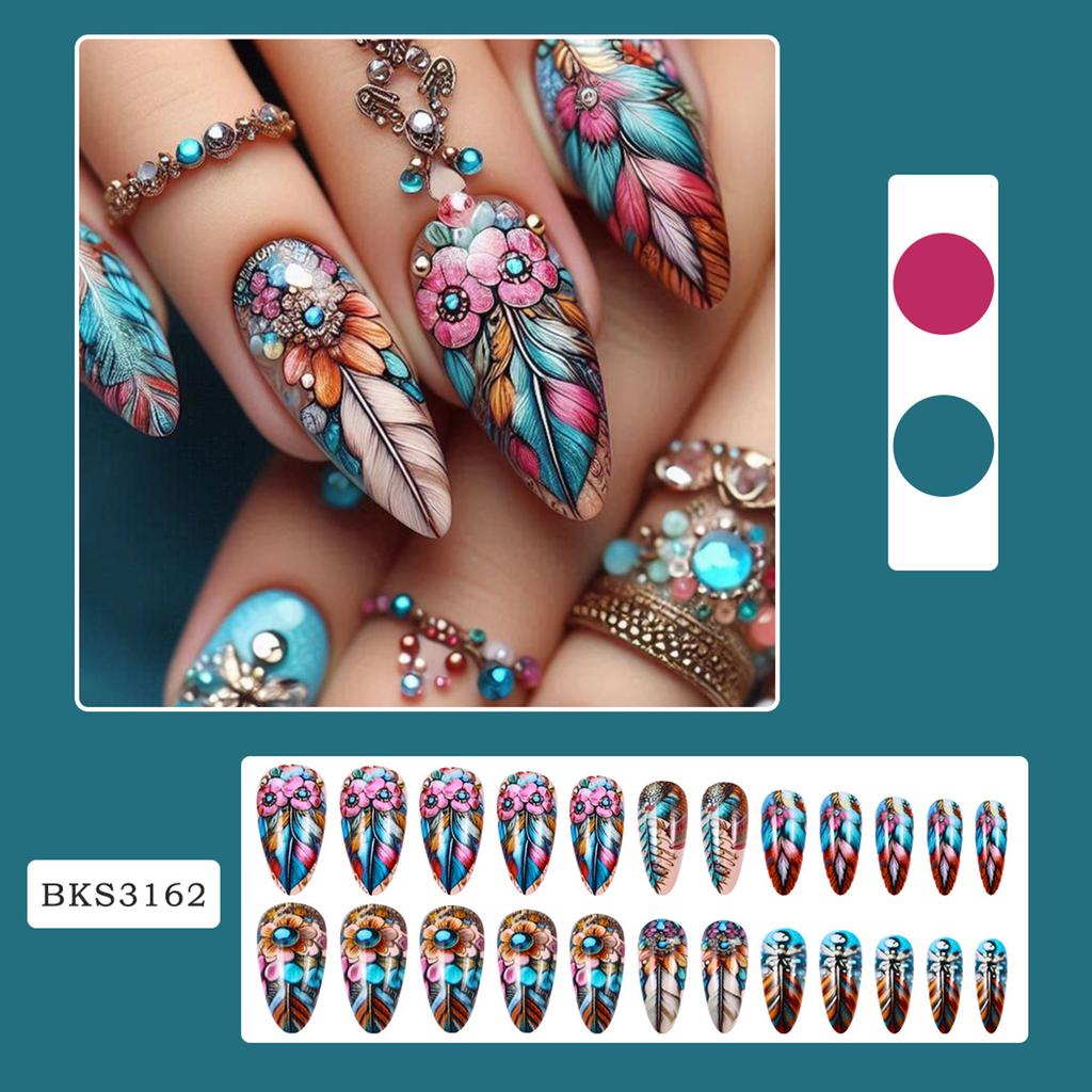 Colorful Floral Press On Nail Medium Almond Stick On Nail Fall Flowers False Nail Full Cover Valentine Gift for Women