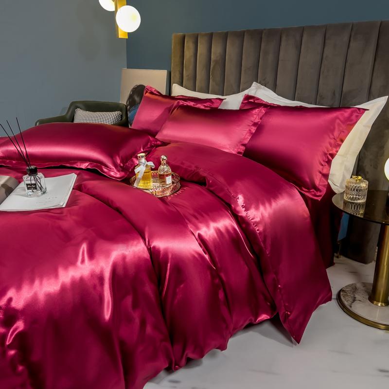 Solid Silk Bedding Set with Duvet Cover Bed Sheet Pillow Case Luxury Single Double Couple Rayon Satin Pillowcases Bedsheet