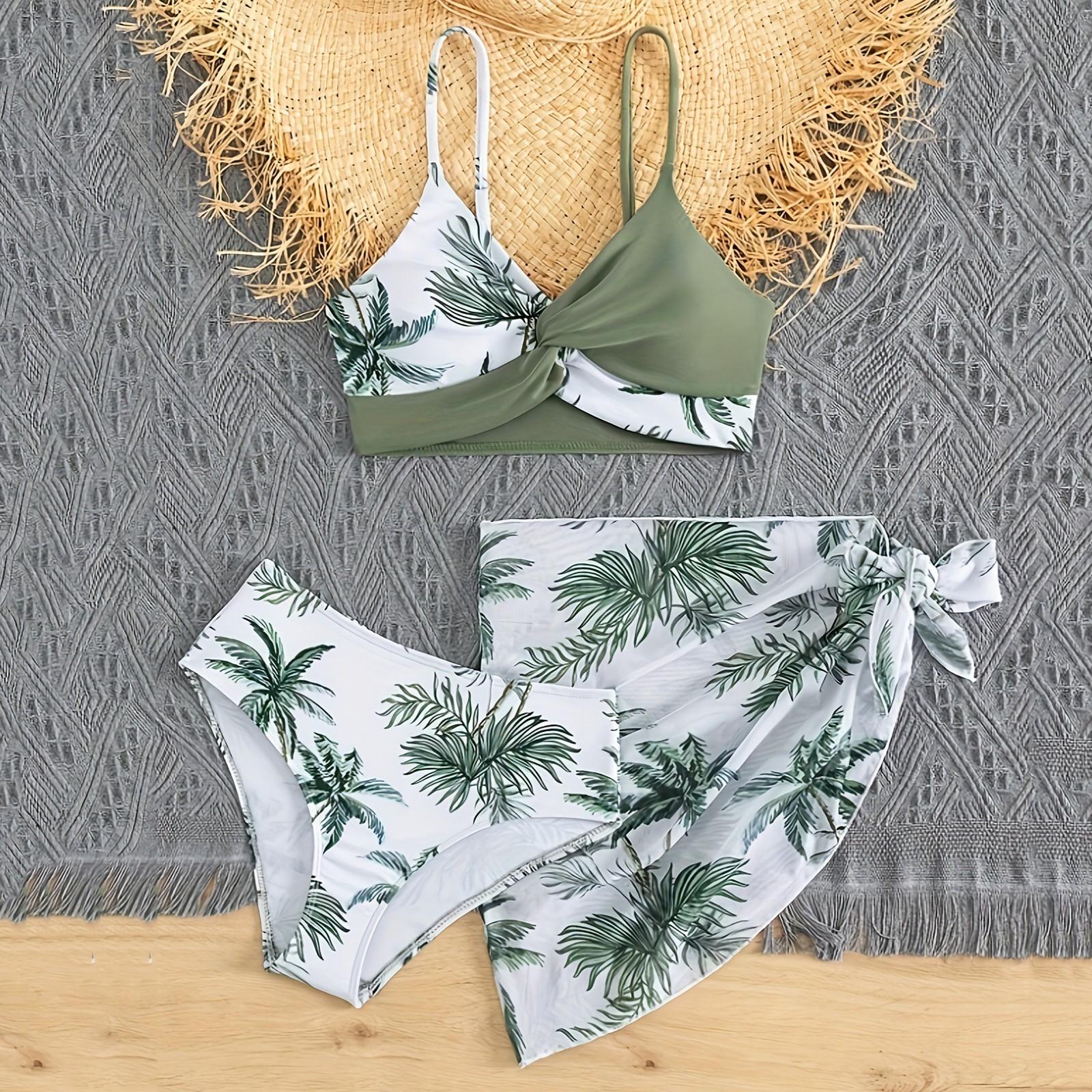 

Комплект из 3 купальников для девочек: топ бикини с плавками и юбкой, детские цветы, регулируемые бретели, бюстье, летний, красивый, быстросохнущий, милый 140