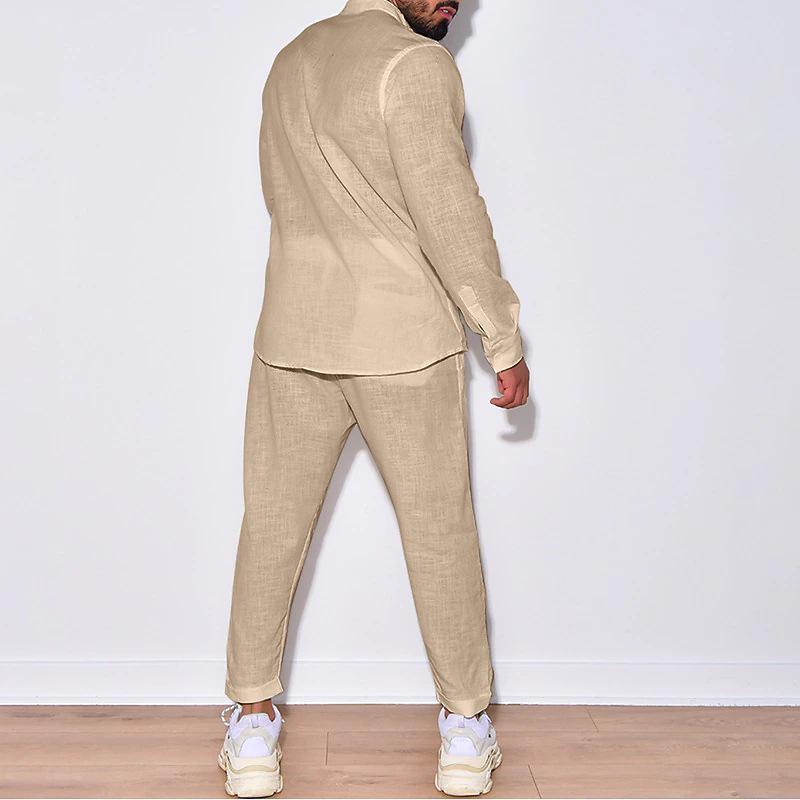 Men's Long Sleeve Linen Shirt Two-Piece Set: Summer Beachwear - Available In Black, White, Beige Solid Colors.
