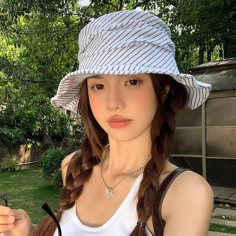 Striped pleated flat top bucket hat women's summer cotton and linen thin breathable literary temperament basin hat sun hat