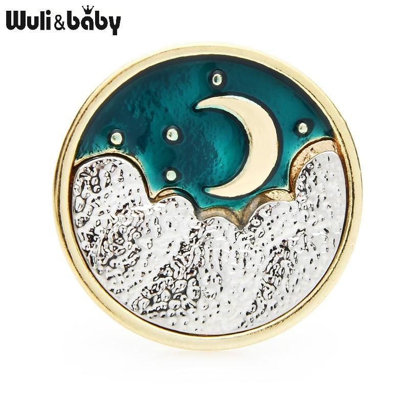Wuli&baby Gold Color Moon Green Badge Brooches Women Men Enamel
