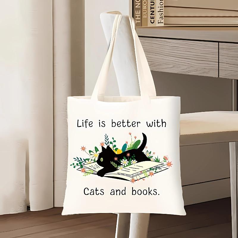 

Милая Кот Canvas Сумка-тоут Черный кот Цветок Книга Пляжная сумка Сумка для покупок Подарок на день рождения для любителей кошек Regular style