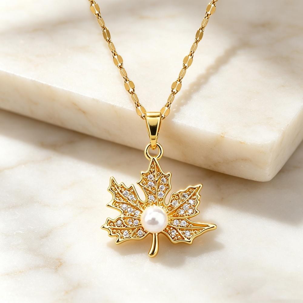 Elegant Charm Female Small White Zircon Stone Leaf Pearl Pendant Necklace Gold Color Wedding Jewelry For Women