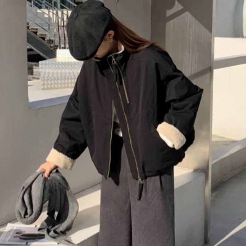 

Lamb wool short pie overcomes women s winter casual loose small cotton jacket S 85-105 чёрный