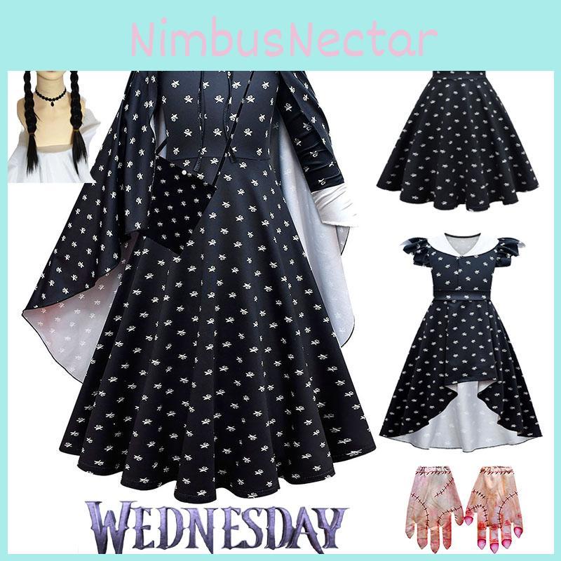 Wednesday Addams Family Outfit Wig Halloween Xmas Party Cosplay Costume Kids