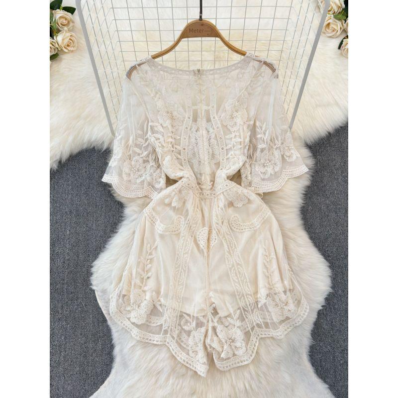 V Neck Fashion Sexy Embroidered Vacation Blouse Jumpsuit