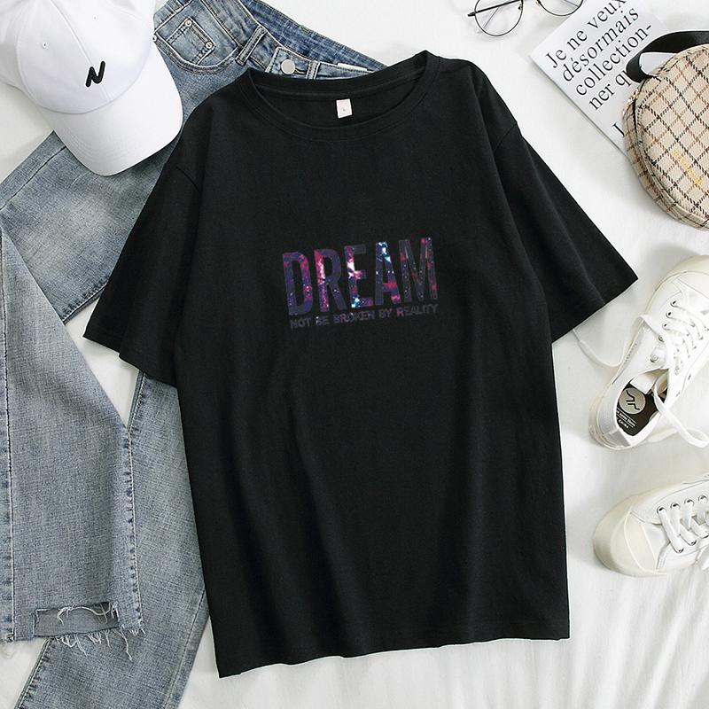 

Новая летняя футболка Dream с буквенным принтом, однотонные женские хлопковые футболки большого размера, мягкий женский джемпер, топ 4XL чёрный