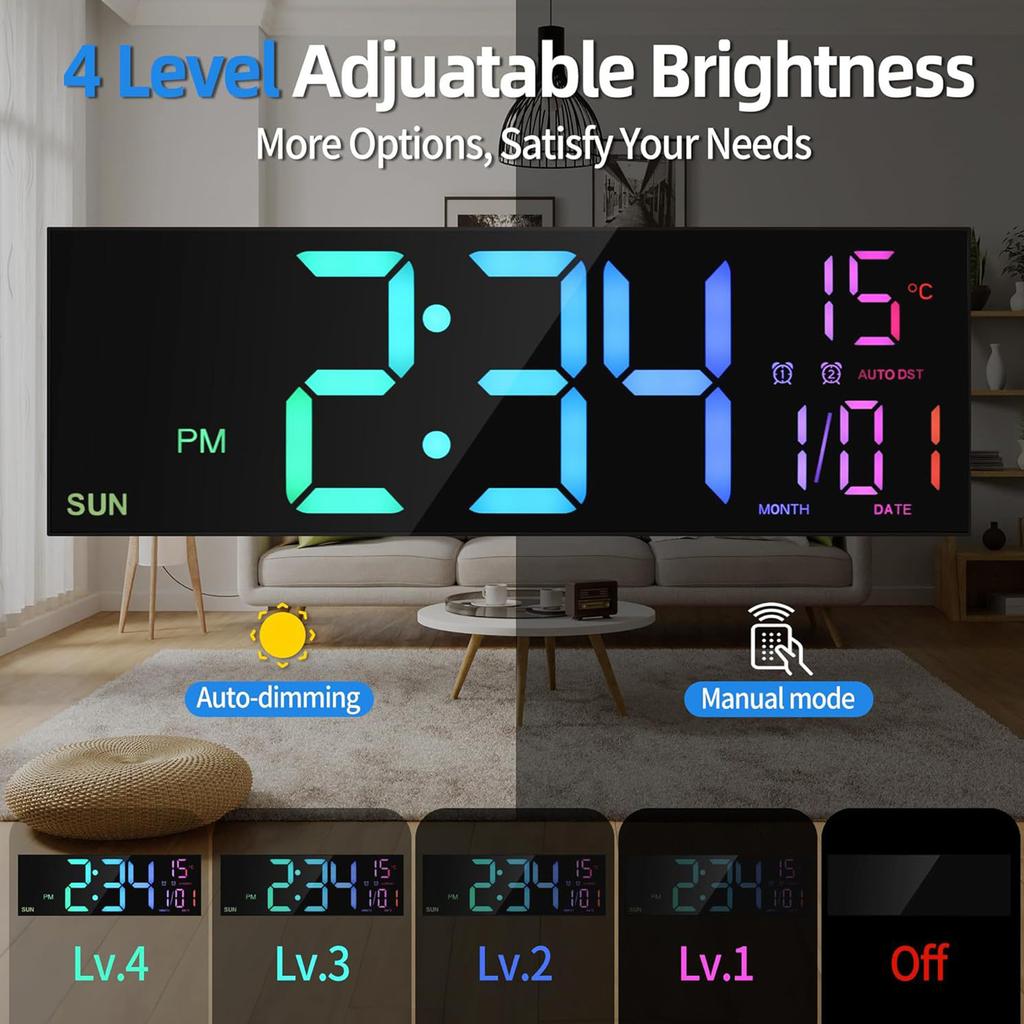 Modern LED Digital Clock 16" with RGB Lights 11 Scene Modes Big Display Dual Alarm Function and Room Temperature Feature
