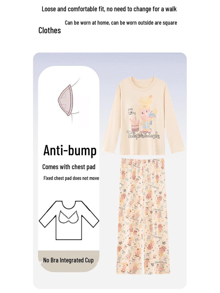 Women's Cartoon Pajama Set with Chest Pads - Long Sleeve & Pants for Spring & Autumn, Wear Indoors or Out