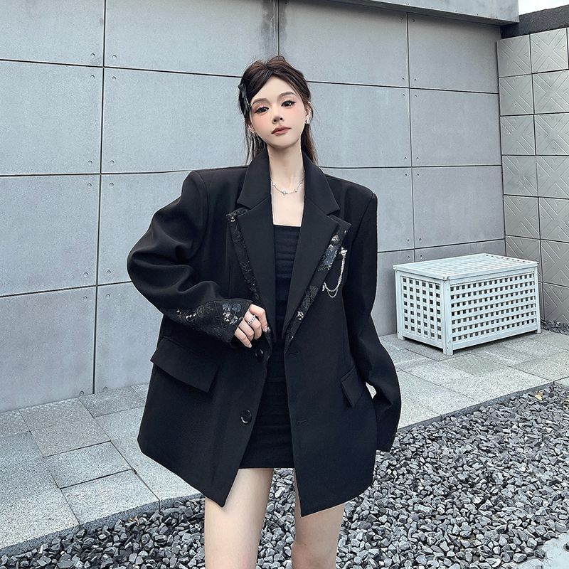 Niche Design Black Blazer for Women Spring Autumn Loose Fit Patchwork Fake Two Piece Shoulder Padded Fashion Outerwear