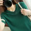 Women's Ice Silk Knitted T-shirt Hollow Out Color Blocked Knitted Shirt Loose Western Style Top