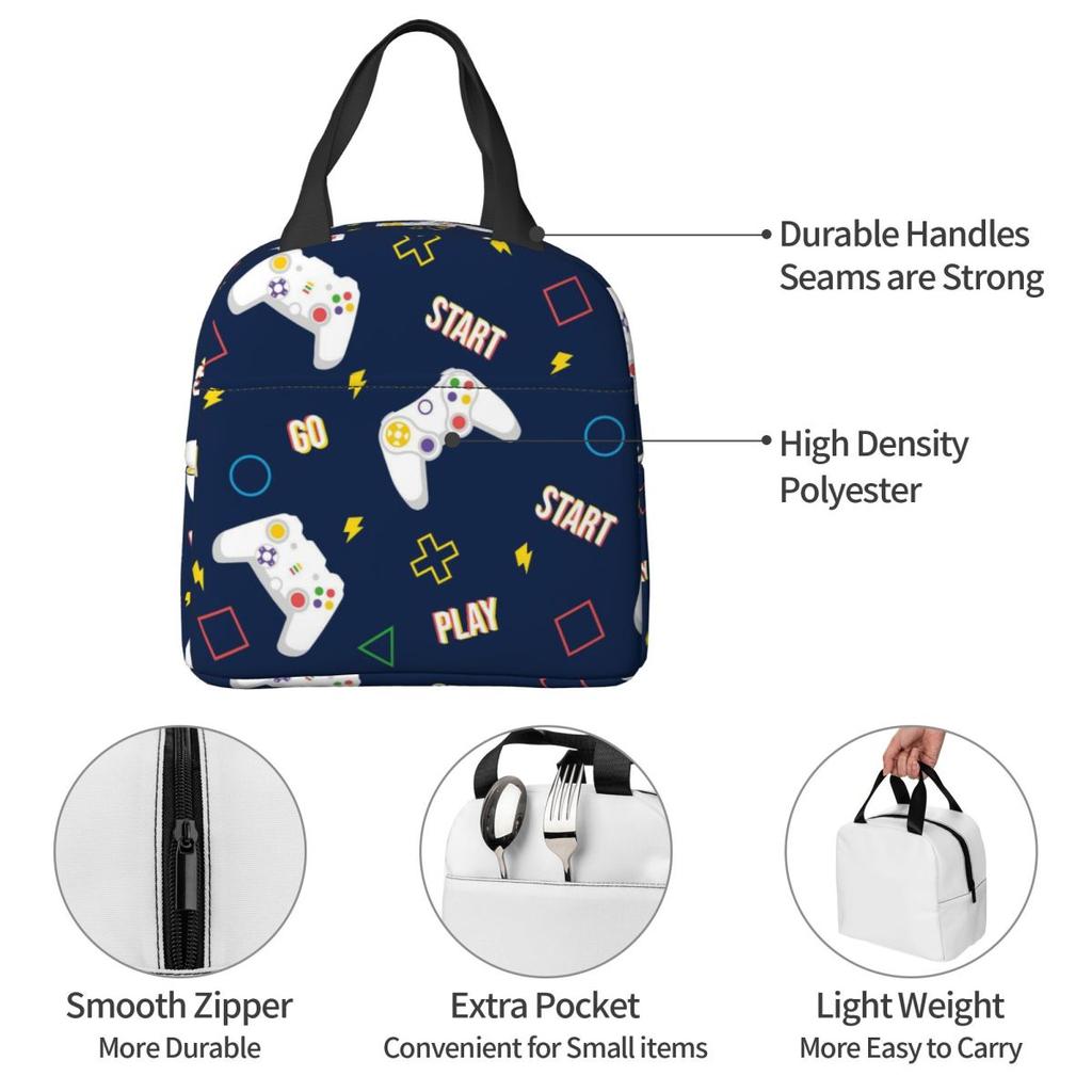 Cartoon Game Console Pattern Insulated Lunch Bag Thermal Bag Reusable Leakproof Lunch Box Tote Food Storage Bags School Outdoor