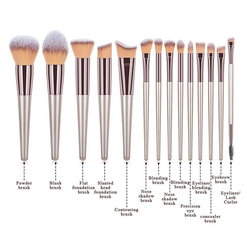 10/14 Pcs Champagne Gold Makeup Brushes Complete Set Of Foundation Loose Powder Blush Concealer Eye Shadow Professional Set