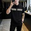 Men Cream Lapel Polo Shirt Double Black Horizontal Stripe Short Sleeve Casual Top