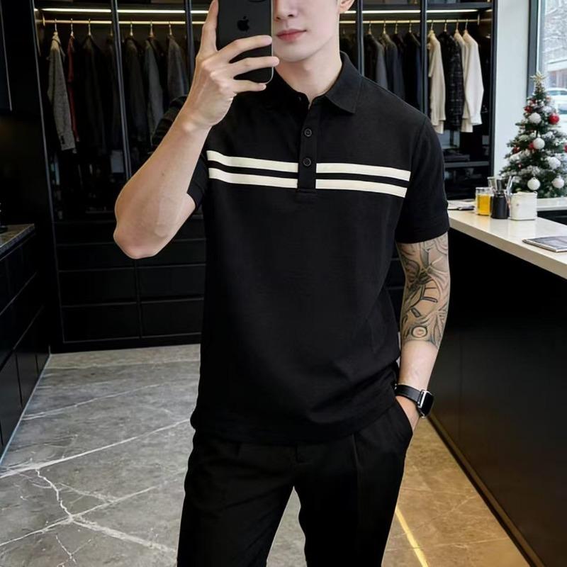 Men Cream Lapel Polo Shirt Double Black Horizontal Stripe Short Sleeve Casual Top