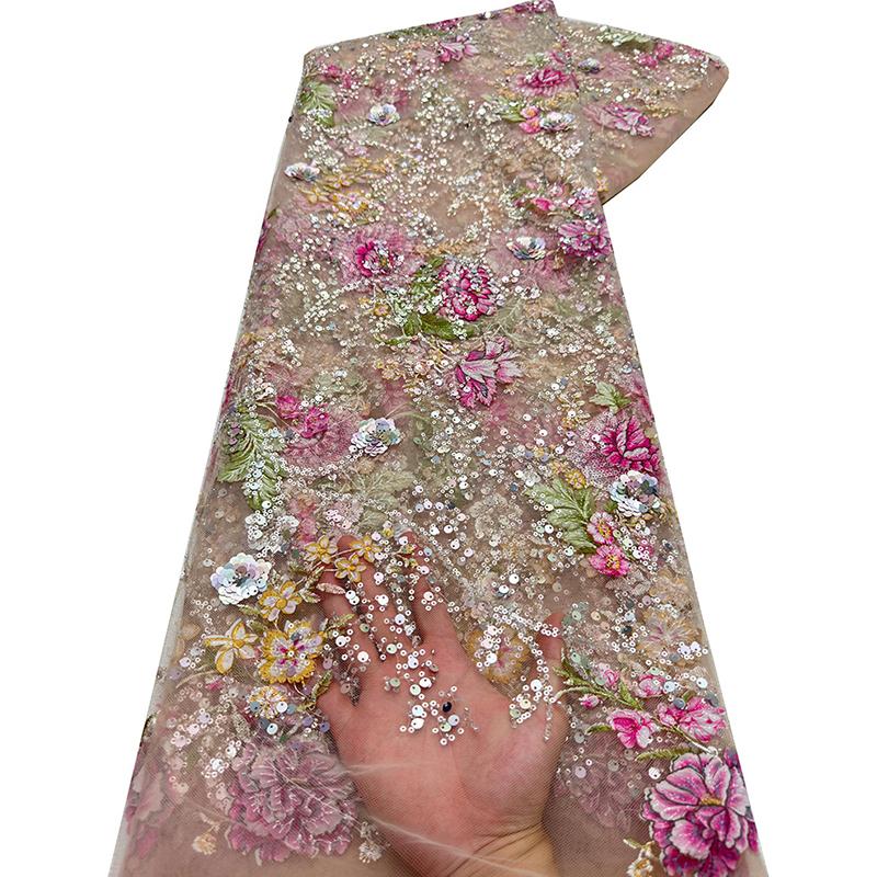 120x90cm African Nigerian Tulle Mesh Lace Fabrics Embroidery Sequins Lace Fabric Wedding Dress Party Dress Beaded Lace Fabric