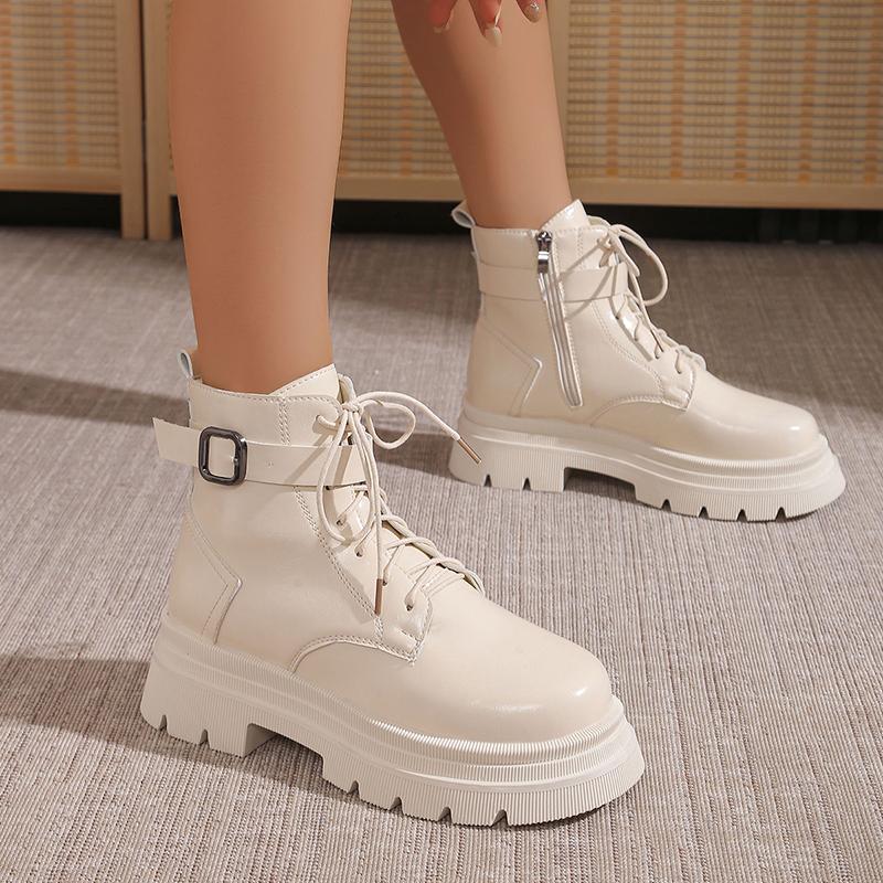 Ghete de gleznă cu platformă din piele PU neagră, Modă pentru femei, Cataramă, Talpă groasă, Ghete de luptă, Femeie, Punk, Cu șireturi, Pantofi de motocicletă, Mujer