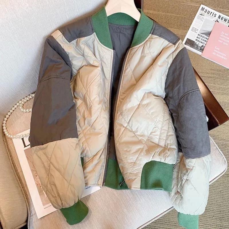 Women's Fall/Winter Loose-Fitting, Slimming Baseball-Style Cotton Jacket with Color-Blocked Diamond-Patterned Patchwork