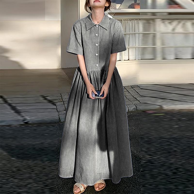 ZANZEA Women Casual Turn Down Collar Short Sleeve Plaid Print Long Dress S чёрный
