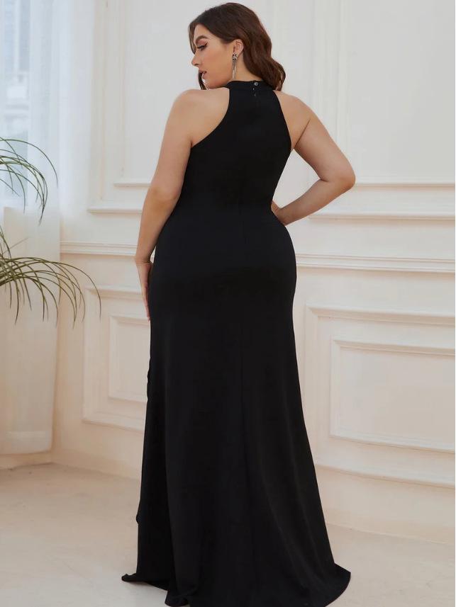 European & American Split Fashion Solid Color Round Neck Long Dress